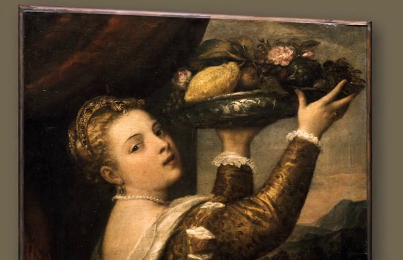 Detail aus dem Tizian-Gemälde 'Mädchen mit Fruchtschale'