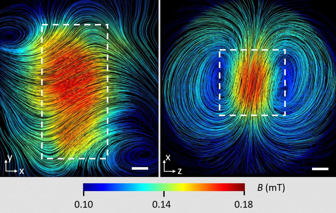 Verlauf der magnetischen Feldlinien im Inneren eines supraleitenden Blei-Quaders - vergrößerte Ansicht