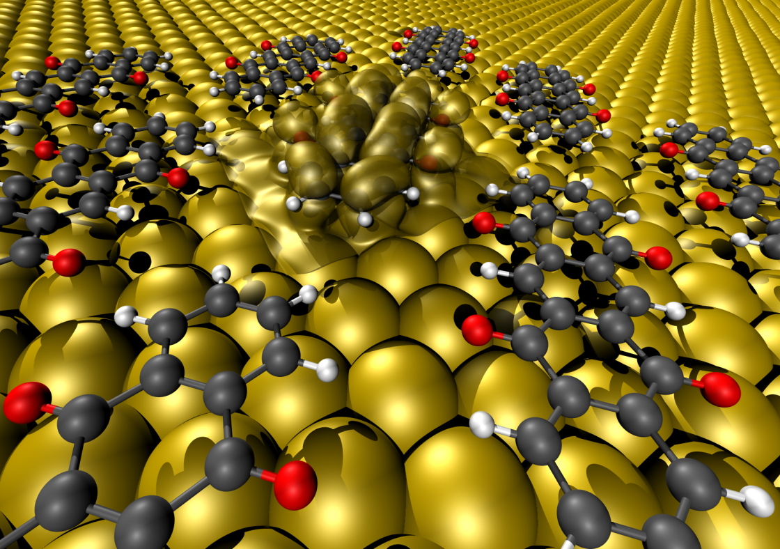 Die Abbildung zeigt, wie organische Verbindungen Kontakt zu den Atomen der Metalloberflche aufnehmen. - vergrerte Ansicht