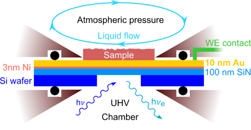 A thin x-ray transparent membrane separates the UHV environment from the examined material allowing for photon-in/photon-out spectroscopic techniques while working simultaneously as electrode