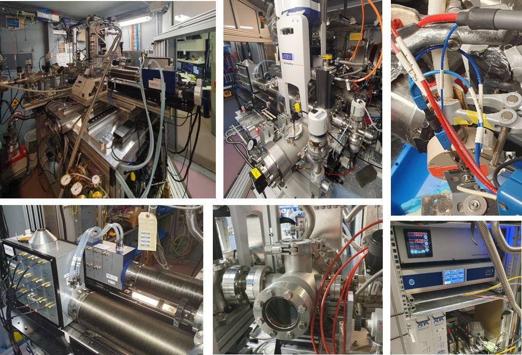The XAS endstation at KMC-3. (clockwise) table with setup, lHe-cryostat, electrochemical flow-cell, I0 pressure & cryostat controls & Falcon electronics, tender-energy chamber, 7/13-element SDDs.