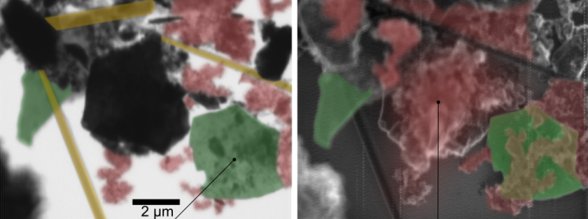 <p class="MsoCaption">Scanning X-ray images of a dismounted Li-ion battery with cycled MXene electrode (green), electrolyte/ carbonate species (red) and separator (yellow). The Transmission (bulk-sensitive) image is on the left, the electron yield (surface-sensitive) image on the right.