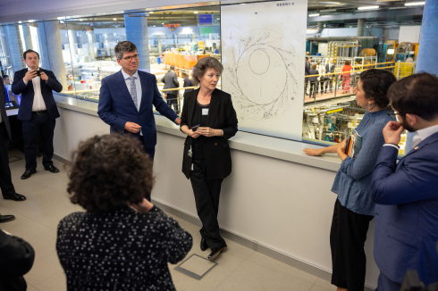 <p class="MsoListParagraph">The tour of BESSY II light source begins in the control room, here with Antje Vollmer (centre), spokeswoman for the facility.