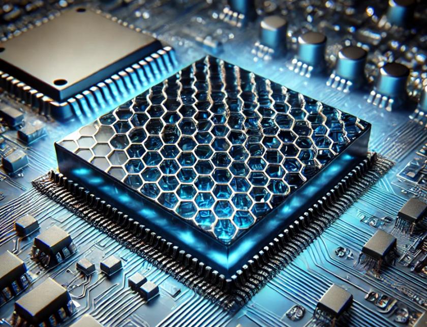 Symbolic illustration of a graphene layer on a microchip. In combination with a heavy-metal thin film and ferromagnetic monolayers, graphene could enable spintronic devices.