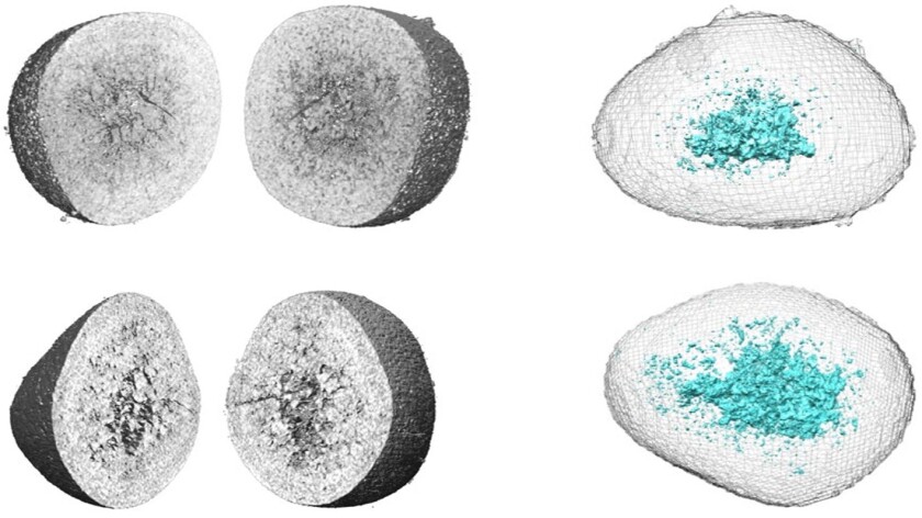 Die Abbildung links zeigt die nanotomographischen Aufnahmen eines LRTMO-Teilchen vor dem ersten Ladezyklus (oben) und nach 10 Ladezyklen (unten). Rechts davon sind die entsprechenden Simulationen mit isolierten Poren (hellblau), deren Anzahl nach 10 Ladezyklen (rechts unten) steigt.